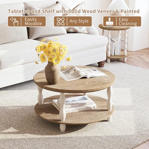 karlott 2-Tier Farmhouse Coffee Table, Round Coffee Tables for Living Room | Solid Wood Veneer Tabletop, Pine Legs & Storage Shelf, Rustic Boho Center Table, Easy Assemble for Living Room - size: 2 Tier Coffee Table 30.3 Inches