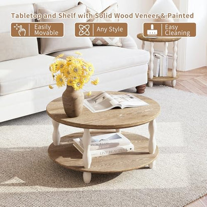 karlott 2-Tier Farmhouse Coffee Table, Round Coffee Tables for Living Room | Solid Wood Veneer Tabletop, Pine Legs & Storage Shelf, Rustic Boho Center Table, Easy Assemble for Living Room - size: 2 Tier Coffee Table 30.3 Inches