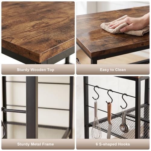 3-Tier Rolling Kitchen Microwave Cart with Storage, Mobile Kitchen Utility Cart with 2 Lockable Wheels, Coffee Bar Table Station with 6 S-Shaped Hooks for Kitchen Island, Living Room, Rustic Brown
