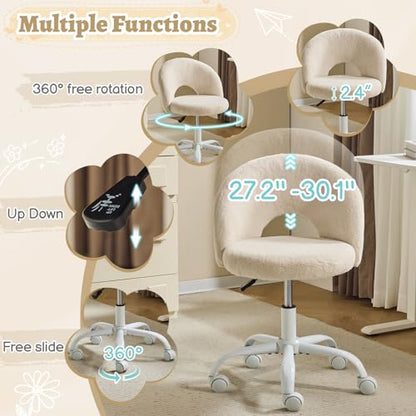 VINGLI Small Vanity Chair with Faux Fur Wheels for Girls,Cute Adjustable Height Armless Office Desk Chair,360°Swivel Comfy Rolling for Study,Make up Room,Small Space,Khaki - color: Furry Khaki