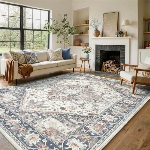 8x10 Area Rugs for Living Room Bedroom Vintage Washable Rug Beige and Blue | Soft Low-Pile Stain Resistant Large Indoor Carpet With Non Slip Backing for Dining Room Nursery,Thin,Foldable,Home Decor - color: 24f01-beige and Blue, size: 8' x 10' (Rectangula