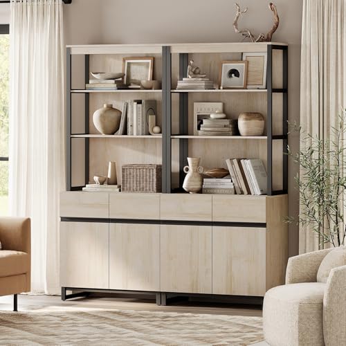 WAMPAT 2 PCS Modern 72" Tall Bookshelf with Metal Base and Adjustable Shelves, Library Bookcase with Storage Cabinet and Open Book Shelfs, Wood Bookshelves for Home Office, Living Room, Beige - color: Beige-a, size: 2 PCS