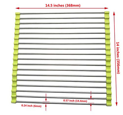 Roll Up Dish Drying Rack, Stainless Steel and Silicone Dish Drying Mat Over The Sink Foldable Drain Rack Multipurpose Dish Drainer for Kitchen, 14.5” x 14”, Green - color: Green