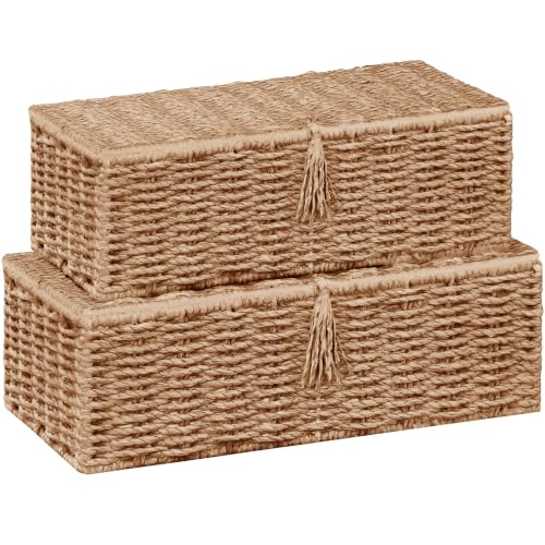 Wicker Shelf Baskets with Lid, Set of 2 Handwoven Wicker Storage Baskets for Shelves, Rectangular Storage Bins with Lid, Decorative Storage Boxes, Small Wicker Baskets for Organizing, Natural - color: Natural