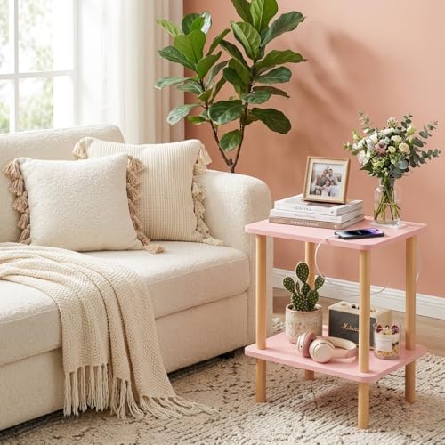 FORAOFUR Pink Side Table with Charging Station, Small Side Table Living Room with 2 USB Ports and Outlets, End Tables for Small Spaces in Living Room, Bedroom & Nursery, 2 Tier Nightstand - color: Pink