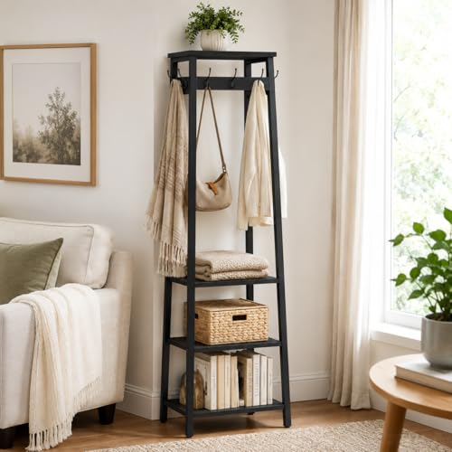 Coat Rack Freestanding with 3 Shelves and 7 Hooks | Coat Stand, Hall Tree Free Standing, Clothes Rack Stand Organizer, Industrial Style, Black - color: Black, style: 3 Shelves