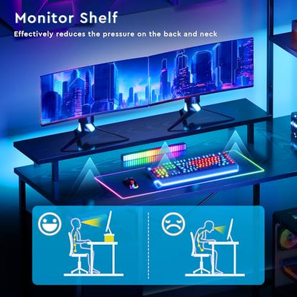 L Shaped Gaming Desk, Reversible with LED Lights, Shelves, Charging, Black | Reversible, LED lights, Charging, Monitor stand - color: Black