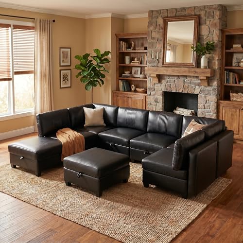 ERYE 128-Inch Oversized U Shaped Sectional Sofa 8 Seat Modular Storage Sofa Couch W/Deep Seat,Pet Friendly Faux Leather Upholstered Corner Convertible Sectional W/Movable Ottoman - color: Black 128"