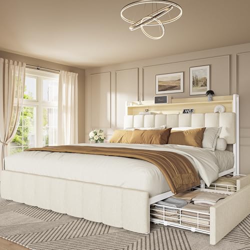 Bed Frame Queen Size with Upholstered Headboard & Charging Station, Queen Bed Frame with 4 Storage Drawers, 2-Tier Open Shelves, No Box Spring Needed, Slient Foam Strip, Easy Assembly, Beige - color: Beige, size: Queen