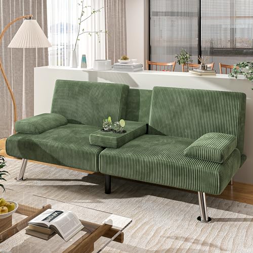 Shahoo Convertible Folding Futon Sofa Bed, Upholstered Sleeper Loveseat | Linen futon equipped with removable armrests, metal legs & 2 cup holders for living room (Green) - color: Green, style: Corduroy