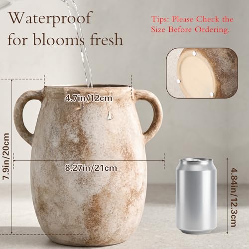 Ceramic Flower Vase with Handles, 7.9in Farmhouse Table Rustic Vases, Waterproof Pottery Clay, Flower Terracotta Vases for Home Decor, Living Room,Table, Handcrafted (Terracotta) - color: 1-terracotta/7.9“