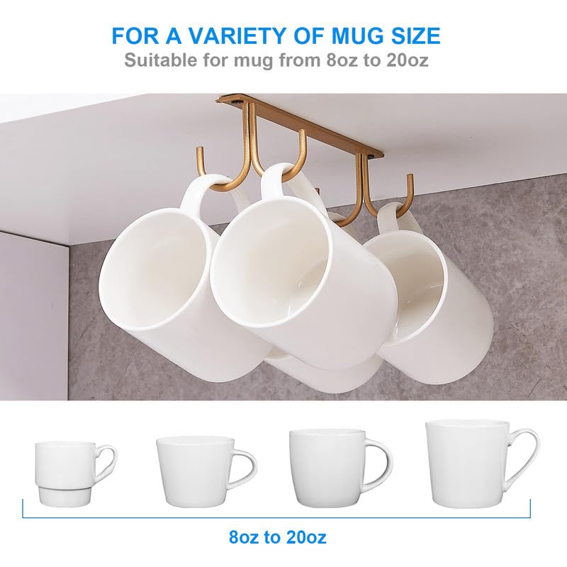 FOMANSH Mug Rack Under Cabinet - Coffee Cup Holder, 8 Mugs Hooks Under Shelf, Display Hanging Cups Drying Hook for Bar Kitchen Utensils Gold - color: Gold, size: 2 Pack