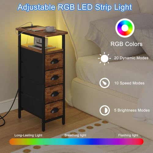 sthmec Nightstand Set 2 with Charging Station, Narrow End Table Set of 2 with 4 Drawers, LED Side Table with Fabric Drawers,Slim Sofa Couch Tables for Small Spaces,Living Room,Bedroom,Rustics Brown - color: Rustic Brown, style: Power & LED