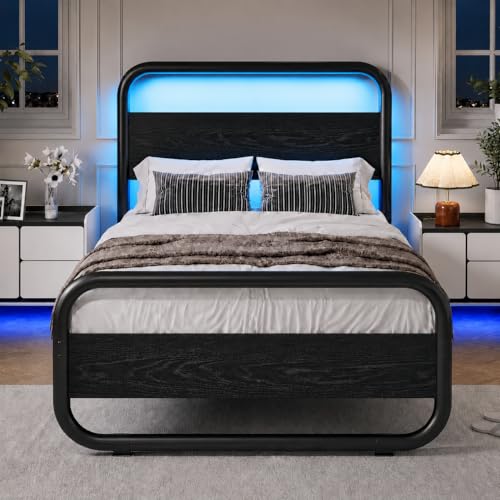 Twin Bed Frames, Metal Platform Twin Bed Frame with Wood Headboard, Black | RBG LED Lights/Heavy Duty Metal Slats Support/12 in Under-Bed Storage/Noise-Free/No Box Spring Needed/Easy Assembly - color: Black, size: Twin
