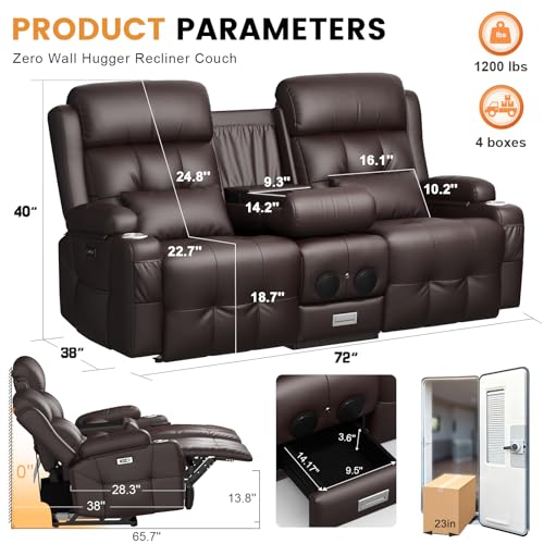 Home Theater Seating, Power Loveseat Recliner Sofa with Massage & Heat | Wall Hugger Reclining Loveseat with USB, RV Couch with LED Lights, Flip Backrest, Cup Holders for Movie Theater, Gaming Room - color: Brown, size: 72" - 2 Seats