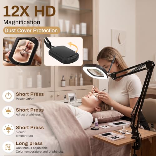 12X Magnifying Glass with Light, 3-in-1 LED Desk Lamp with Base Clamp & Floor Stand, 5 Color Modes Stepless Dimmable LED, Hands Free Magnifier for Reading, Crafts, Painting, Close Work