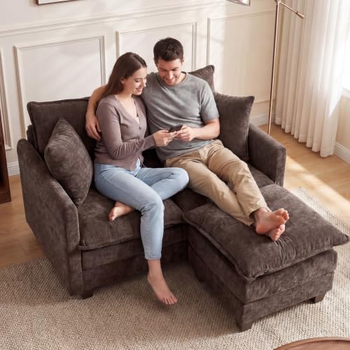 50'' Loveseat Sofa Set with Ottoman, Small Couch Set 2 Piece Cloud Love Seat 27" Deep Seat Washable Pillows Couches for Small Spaces Apartment Living Room, Brown - color: Brown, size: 50"+50"L