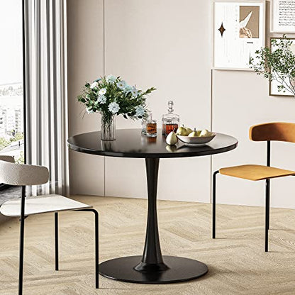 Recaceik Modern Round Dining Table, 31.5'' Tulip Table with MDF Table Top & Metal Pedestal Base for Dining Room Living Room Cafe, Kitchen Table w/ 0.71” Thickened Tabletop for 2-4 People, Black - color: Black