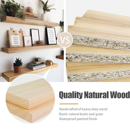 Habudda Floating Shelves, Wooden Wall Shelf for Rustic Decor, Hanging Display Shelving for Bedroom Bathroom Kitchen Living Room, Natural Wood, Invisible Bracket, 23.6"×6.7"×1.6", 2-Pack | Floating Wall Shelves, Rustic Farmhouse Hanging Display Shelf for B