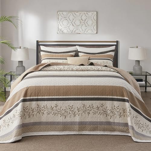 Oversized Queen Bedspreads 102x120, Reversible XL Bed Spread | 100% Cotton Extra Large Quilt Comforter, Farmhouse Botanical Pattern, Lightweight Bedding Set with 2 Shams, Khaki/Beige - color: Khaki/Beige/Gray, size: Oversized Queen(120"x102")