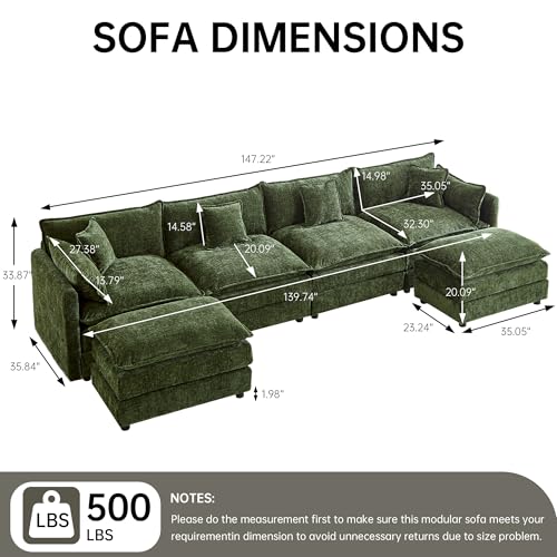 Modular Sectional Sofa, 147.2 Inch U Shaped Couch Set with Armrests, 4-Seater Comfy Cloud Couches with Movable Ottoman for Living Room Apartment, Green - color: Green, size: 147.2'' - U Shape