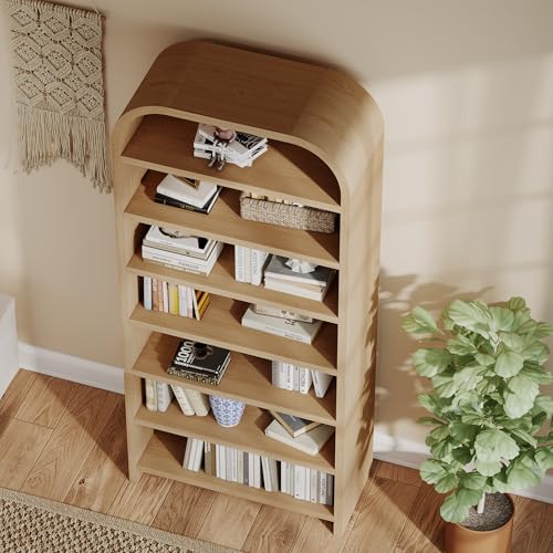 LEVNARY 70" Tall Arched Bookcase, 7-Tier Freestanding Storage Cabinet with Adjustable Shelves, Thick MDF Bookshelf for Bathroom Living Room Bedroom (Natural) - color: Natural