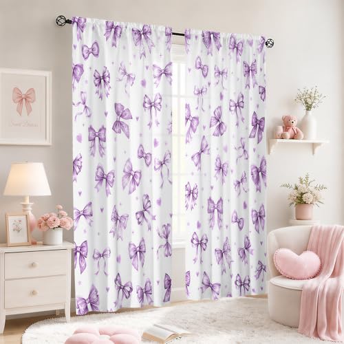 Purple Bow Curtains for Living Room,Purple Bow Curtains 84 Inches Long 2 Panels,Semi Sheer Privacy Curtain with Rod Pocket for Girls Bedroom,Cute Decorative Light Filtering Drapes,W52 x L84 Inch - color: Purple Bow, size: 52"W x 84"L (Pack of 2)
