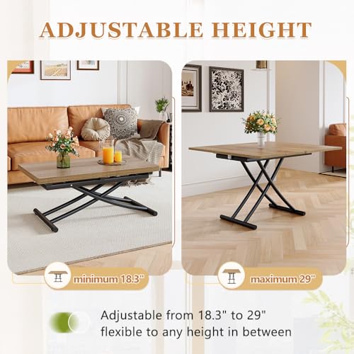 Adjustable Height Coffee Table, Folding Dining Table, Light Wood | Convertible lift top table for use as a coffee table, dining table, home office desk or vanity - color: Light Wood & Black Legs