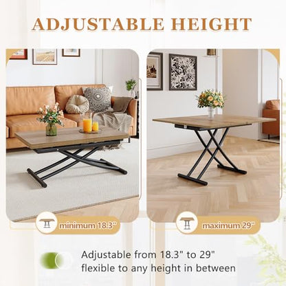 Adjustable Height Coffee Table, Folding Dining Table, Light Wood | Convertible lift top table for use as a coffee table, dining table, home office desk or vanity - color: Light Wood & Black Legs