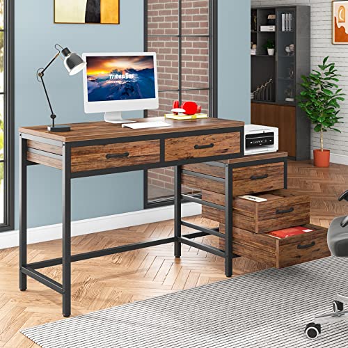 Tribesigns Computer Desk with 5 Drawers, Reversible Home Office Desks | Small Desk with Drawer Cabinet Printer Stand, PC Desk with Storage, Rustic Study Writing Table Workstation for Small Spaces - color: Rustic Brown
