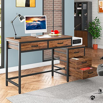 Tribesigns Computer Desk with 5 Drawers, Reversible Home Office Desks | Small Desk with Drawer Cabinet Printer Stand, PC Desk with Storage, Rustic Study Writing Table Workstation for Small Spaces - color: Rustic Brown