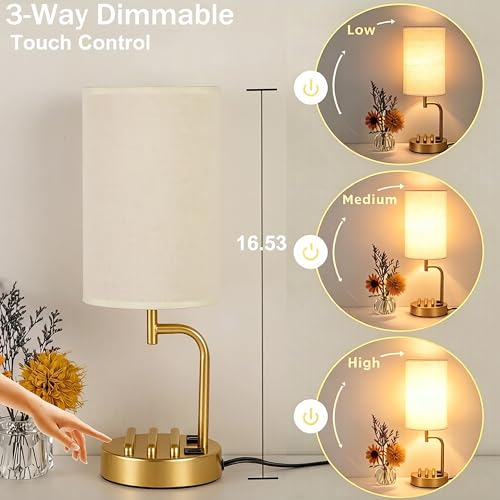 Dreamholder Touch Control USB Table Lamp with USB C/A & AC Outlet, 3-Way Dimmable Bedside Lamp, Modern Nightstand Lamps for Bedroom Living Room Guest Room Office, Bulb Included, Gold - color: Gold