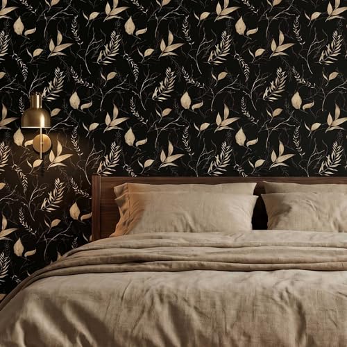 Dark Black and Gold Leaf Peel and Stick Wallpaper 17.7" x 124" | Self-adhesive removable waterproof leaf design for bedroom accent walls and renter friendly spaces - color: Black&Gold, size: 17.7" x 124"