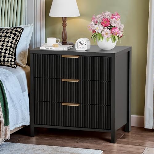 Fluted Nightstand, 23.7'' Wide Night Stand with 3 Drawers, Mid-Century Modern Bedside Table with Handles, Wood End Table for Bedroom, Black - color: Black