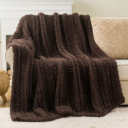 Battilo Chunky Knit Throw Blanket for Couch, 50"x60", Chocolate Brown | Hand Knit, Gift Blanket, Cozy Warm Thick Soft Chenille Throw Blanket for Bed, Sofa, Chair, Living Room - color: Brown