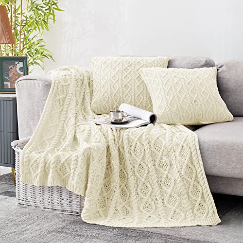 Homiest Cream White Cable Knit Throw Blanket Set of 3, with 2 Pillow Covers | Pure Acrylic, Lightweight & Breathable, All-Season Use, Machine Washable, Wrinkle & Fade Resistant, for Couch Bed And Sofa - color: Cream White, size: 50 x 60 Inch Blanket & 18