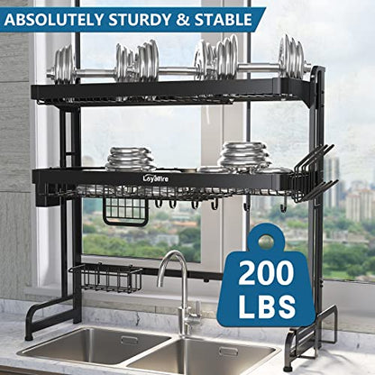Loyalfire Over Sink Dish Drying Rack, 3 Tier Adjustable Length (20.87'' to 37.6'') Full Stainless Steel Large Storage Kitchen Dish Rack, Expandable Drainer Shelf Rack with Multifunctional Organizers - color: Black