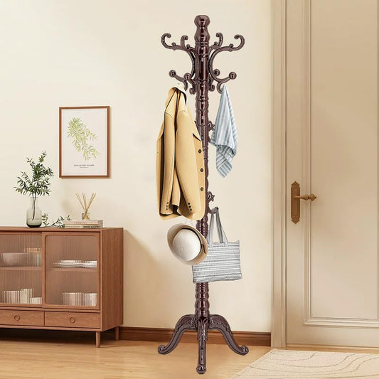 OIRUMIE Wooden Coat Rack, Vintage Coat Rack Frestanding for Entryway,Corner | Wood Coat Rack Stand with 14 Hooks,Classic Coat Hanger Stand with Triangle Base,Coat Clothes Tree Stand for Hallway,Office - color: Black Red-14 Hooks Disc Base