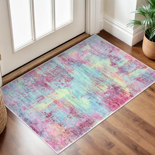 Small Abstract Area Rug 2x3 Ft Entryway Rugs Washable Door Mat Indoor Entrance, Rubber Backed Throw Rugs, Printed Faux Wool Non Slip Floor Carpet for Foyer Front Door Sink, Pink Teal - color: Multi Pink, size: 2' x 3' (Rectangular)