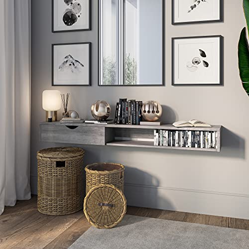 BELLEZE Modern Floating Wall Mounted 60 Inch TV Console with Built-in Shelf & Drawer, Space Saving Decorative Contemporary Media Storage, for Up to 100lbs - Beckett (Gray Wash) - color: Gray Wash, style: Beckett