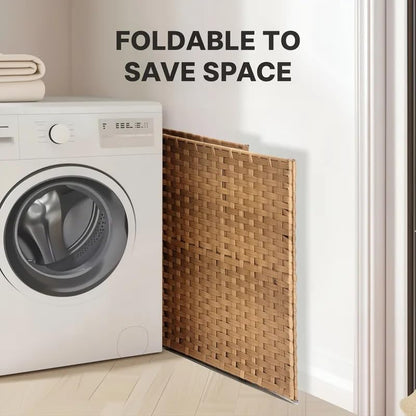 Laundry Hamper with Lid, 110L Foldable Laundry Basket with Removable Liner Bags, Handwoven Synthetic Rattan Clothes Hamper for Bathroom, Bedroom, Laundry Room, Yellow - color: Yellow-110L