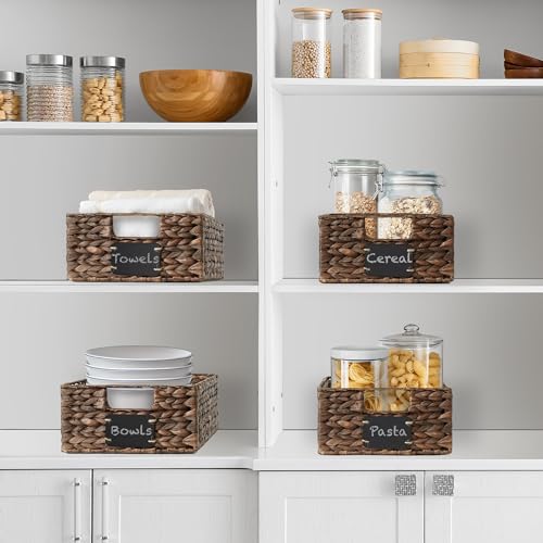Casafield Set of 4 Water Hyacinth Pantry Baskets, 10" x 13" x 5", with Chalkboard Labels and Chalk Marker - Espresso, Woven Storage Bin Organizers for Kitchen Shelves - color: Espresso - Hyacinth, size: 10" x 13" x 5"