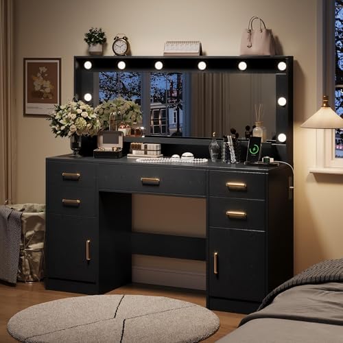 TOKSOM 44.8" Large Vanity Desk with Lighted Mirror & Power Outlet, Black Makeup Vanity Desk with Mirror and Lights, Black Vanity Table with 5 Drawers and 2 Cabinets, Dressing Table for Bedroom - size: 44.8 inch, style: Modern Black