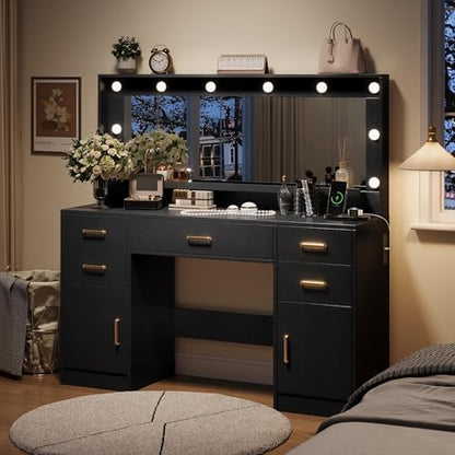 TOKSOM 44.8" Large Vanity Desk with Lighted Mirror & Power Outlet, Black Makeup Vanity Desk with Mirror and Lights, Black Vanity Table with 5 Drawers and 2 Cabinets, Dressing Table for Bedroom - size: 44.8 inch, style: Modern Black