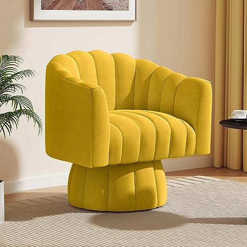Dewhut Swivel Barrel Accent Chair, Velvet Reading Armchair, Yellow, Set 1 | Mid Century Style, Modern Round ArmChair With 360° Swivel Base, For Living Room / Bedroom / Office - color: Yellow
