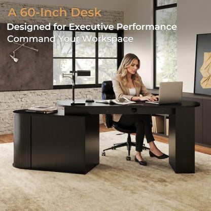 HSH Black L Shaped Office Desk with Storage Cabinet for Home Oak 60 Inch | Executive Woood Fluted Computer Desk with Keyboard Tray and Open Shelves Modern Reversible Mcm Large Swivel Table - color: Black Oak