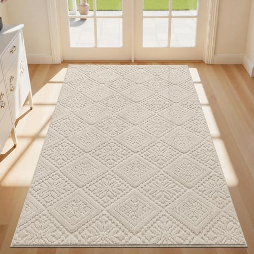 U'Artlines 3x5 Beige Washable Area Rug for Living Room | Soft Fluffy, High Low Textured Carpet, Modern Neutral, Geometric, Non Slip Rugs for Bedroom, Dining Room, Kids Room - size: 3 x 5ft