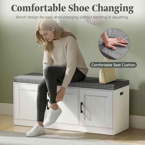 Turosur Shoe Storage Bench with Cabinet, 3-Tier Entryway Bench with Padded Seat Cushion, Shoe Cabinet Bench with 4 Adjustable Shelves for Bedroom, Mudroom, White