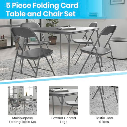 EMMA + OLIVER Gray Square Folding Card Table and Chairs Set for 4 Players | Lightweight, Easy Storage, Padded Top - color: Grey