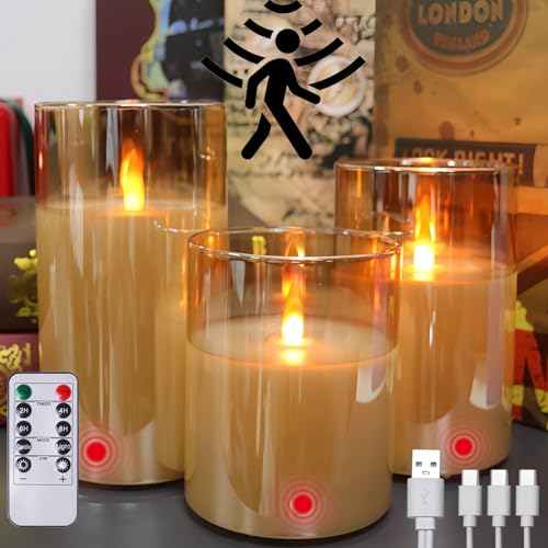 Two Months Rechargeable Motion Sensor Flameless Candle, Auto Switch On/Off | Rechargeable Pillar Fake Candles with Remote, Warm Color for Halloween, Christmas, Home Fall Decor, Ideal Gift for Women - color: 3PCs-Amber Motion Sensor